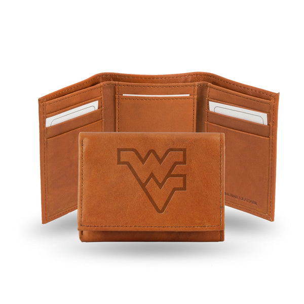 Wholesale NCAA West Virginia Mountaineers Brown Embossed Genuine Leather Tri-Fold Wallet By Rico Industries