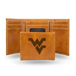 Wholesale NCAA West Virginia Mountaineers Laser Engraved Brown Tri-Fold Wallet - Men's Accessory By Rico Industries