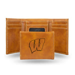 Wholesale NCAA Wisconsin Badgers Laser Engraved Brown Tri-Fold Wallet - Men's Accessory By Rico Industries