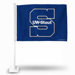 Wholesale NCAA Wisconsin-Stout Blue Devils Double Sided Car Flag - 16" x 19" - Strong Pole that Hooks Onto Car/Truck/Automobile By Rico Industries