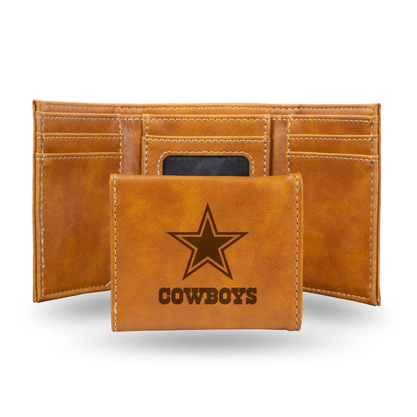 Wholesale NFL Dallas Cowboys Laser Engraved Brown Tri-Fold Wallet - Men's Accessory By Rico Industries
