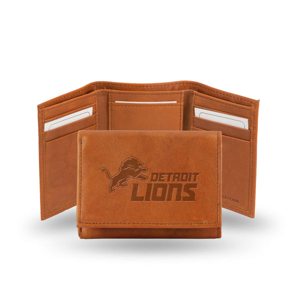 Wholesale NFL Detroit Lions Brown Embossed Genuine Leather Tri-Fold Wallet By Rico Industries