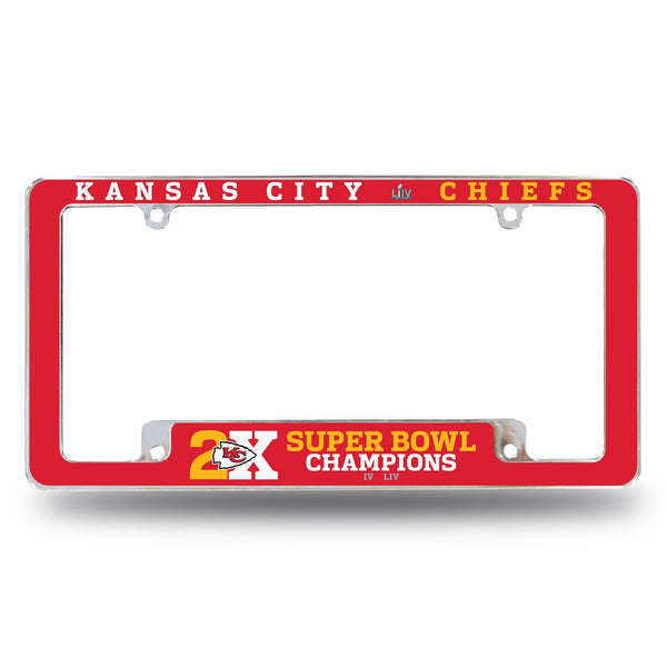 Wholesale NFL Kansas City Chiefs 12" x 6" Chrome Multi Time Champ All Over Automotive License Plate Frame for Car/Truck/SUV By Rico Industries