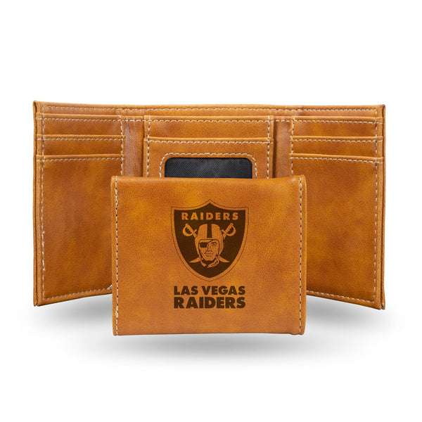 Wholesale NFL Las Vegas Raiders Laser Engraved Brown Tri-Fold Wallet - Men's Accessory By Rico Industries