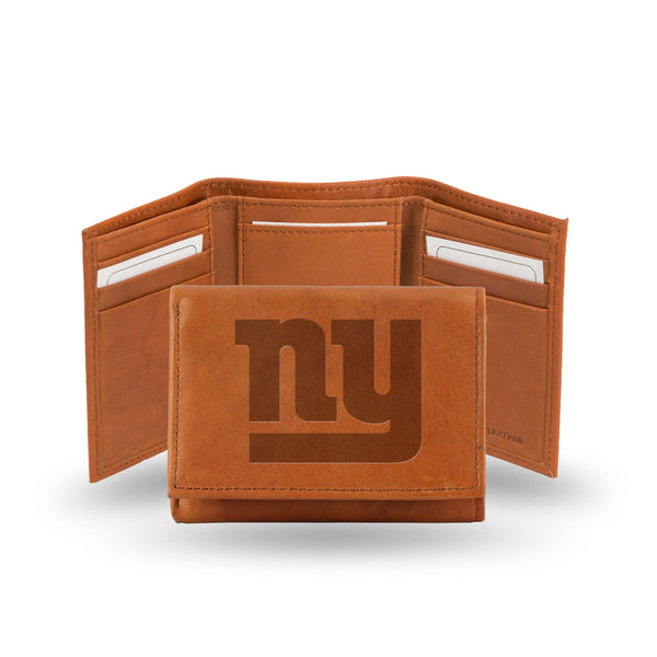 Wholesale NFL New York Giants Brown Embossed Genuine Leather Tri-Fold Wallet By Rico Industries