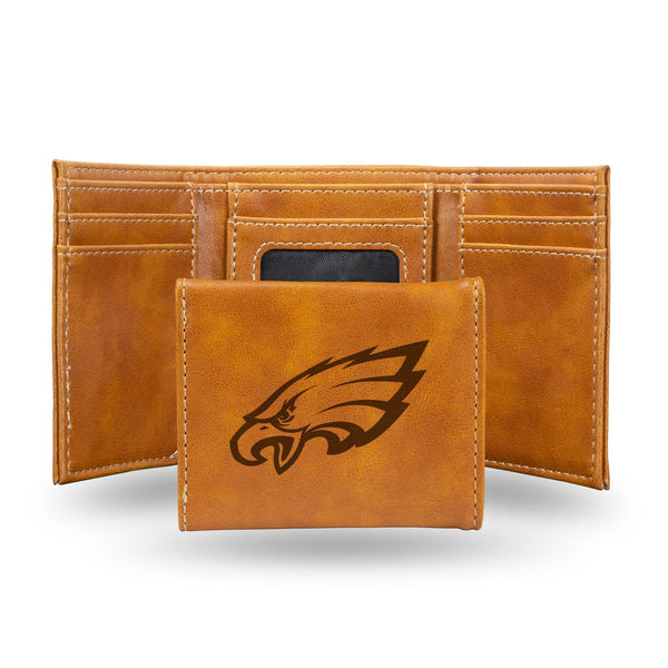 Wholesale NFL Philadelphia Eagles Laser Engraved Brown Tri-Fold Wallet - Men's Accessory By Rico Industries