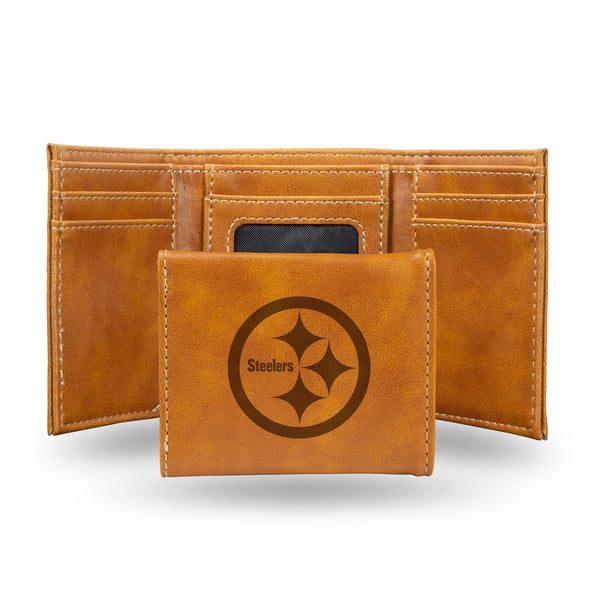 Wholesale NFL Pittsburgh Steelers Laser Engraved Brown Tri-Fold Wallet - Men's Accessory By Rico Industries