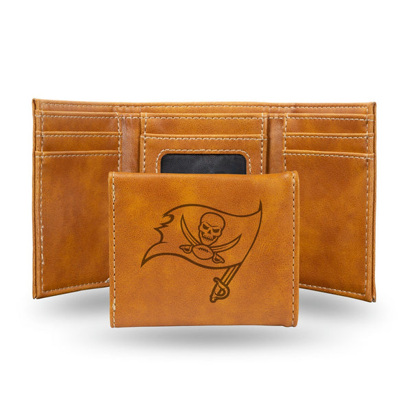 Wholesale NFL Tampa Bay Buccaneers Laser Engraved Brown Tri-Fold Wallet - Men's Accessory By Rico Industries