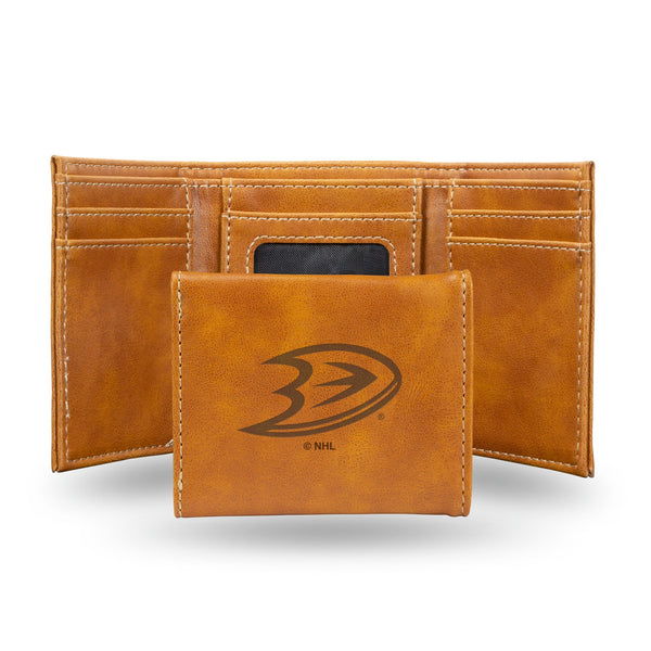 Wholesale NHL Anaheim Ducks Laser Engraved Brown Tri-Fold Wallet - Men's Accessory By Rico Industries