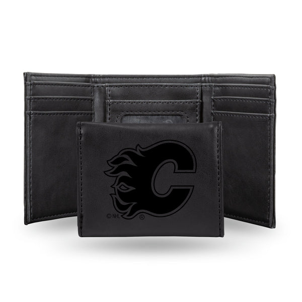 Wholesale NHL Calgary Flames Laser Engraved Black Tri-Fold Wallet - Men's Accessory By Rico Industries