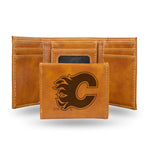Wholesale NHL Calgary Flames Laser Engraved Brown Tri-Fold Wallet - Men's Accessory By Rico Industries