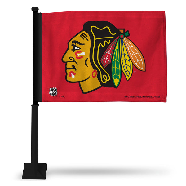 Wholesale NHL Chicago Blackhawks Double Sided Car Flag - 16" x 19" - Strong Black Pole that Hooks Onto Car/Truck/Automobile By Rico Industries
