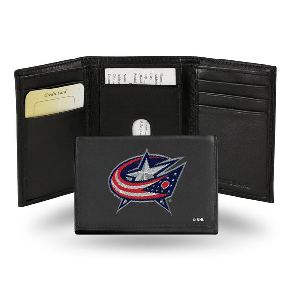 Wholesale NHL Columbus Blue Jackets Embroidered Genuine Leather Tri-fold Wallet 3.25" x 4.25" - Slim By Rico Industries