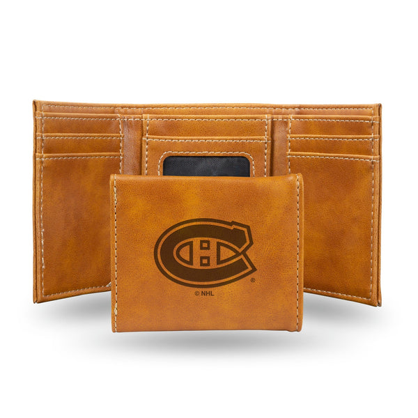 Wholesale NHL Montreal Canadiens Laser Engraved Brown Tri-Fold Wallet - Men's Accessory By Rico Industries