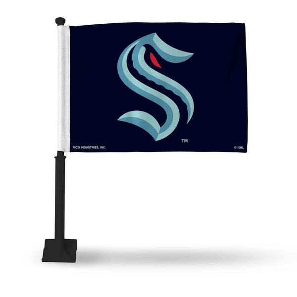 Wholesale NHL Seattle Kraken Double Sided Car Flag - 16" x 19" - Strong Black Pole that Hooks Onto Car/Truck/Automobile By Rico Industries