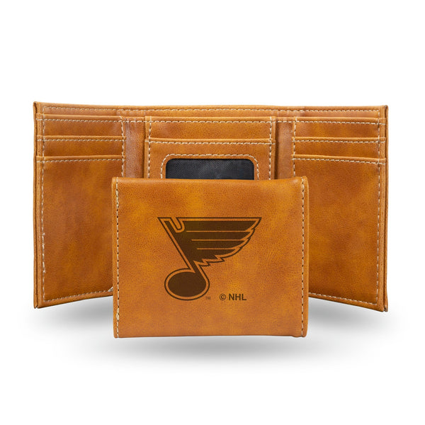 Wholesale NHL St. Louis Blues Laser Engraved Brown Tri-Fold Wallet - Men's Accessory By Rico Industries