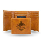 Wholesale NHL Vancouver Canucks Laser Engraved Brown Tri-Fold Wallet - Men's Accessory By Rico Industries